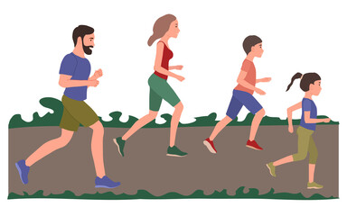 Active Family with children running or jogging for sport and better fitness. Happy people care about their health.