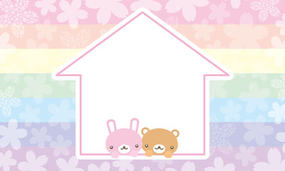 動物と家のイラスト虹と桜の背景