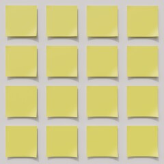 3D illustration. Office yellow papers sticker with curled the lower left corner and shadow isolated on white background. Yellow on white background with shadow. 3D illustration. 3D Render.