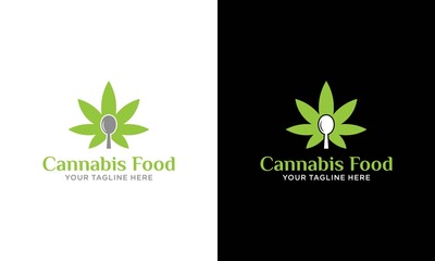 Cannabis food with spoon vector logo design. Green marijuana leaf with spoon icon design.