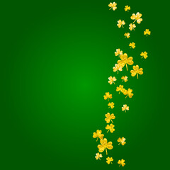 Clover background for Saint Patricks Day. Lucky trefoil confetti. Glitter frame of shamrock leaves. Template for flyer, special business offer, promo. Dublin clover background.