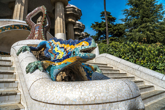 BARCELONA, SPAIN-MARCH 11:  Barcelona Gaud&iacute; colorful mosaic dragon Parc G&uuml;ell on March 11, 2021 in Barcelona