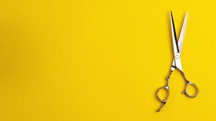 Stop motion animation template flat lay of professional hair cutting shears that cut on the spot on yellow background Hairdresser salon equipment concept with copy space Selfcare on lockdown time