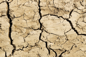 Background suitable for drought images of clods of earth and dry earth with cracks, macro photography of detail of cracks on the earth formed by the sun drying the earth, no water.