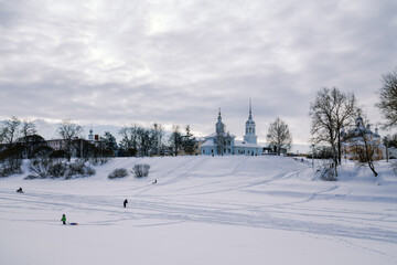 View of Alexander Nevsky Church from the Vologda River on a cloudy winter day, Vologda, Russia