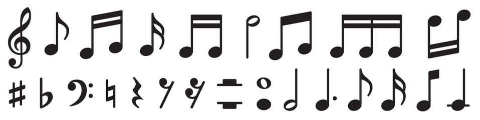 Music notes set. Music simbol. Musicnotes icons. Black treble clef, note, sharp, natural, flat, measure, bar, stave and other. Musical notes icons - stock vector. - obrazy, fototapety, plakaty