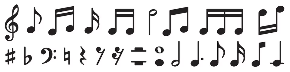 Fotobehang Music notes set. Music simbol. Musicnotes icons. Black treble clef, note, sharp, natural, flat, measure, bar, stave and other. Musical notes icons - stock vector. © Comauthor