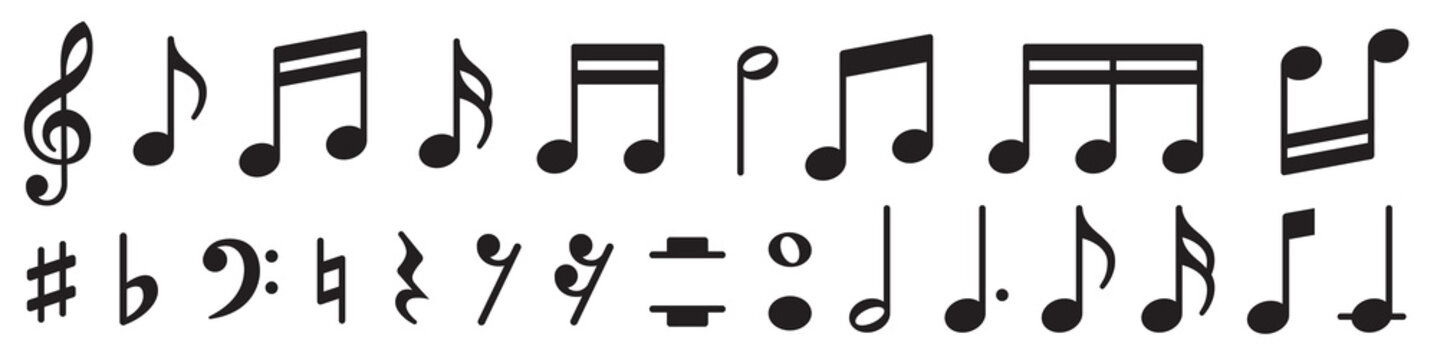 Music notes set. Music simbol. Musicnotes icons. Black treble clef, note, sharp, natural, flat, measure, bar, stave and other. Musical notes icons - stock vector.