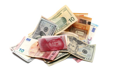 Pile, mix Chinese yuan, American dollar and European euro hundred bill, banknote, cash money isolated on white background