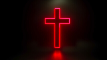 glowing Christian cross on a black background. 3d render illustration