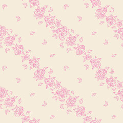 diagonal seamless pink floral pattern hand drawn watercolor  outline on a light background