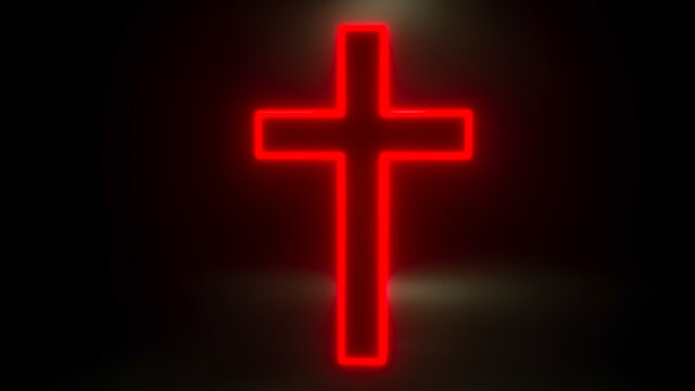 glowing Christian cross on a black background. 3d render illustration