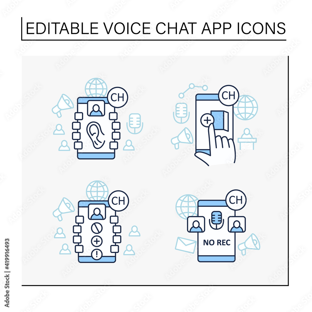 Poster drop in audio app line icons set. communication application with friends. listeners, creating room, 