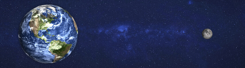 Planet earth and moon in the space. Science fiction 3D render. Ultrawide wallpaper. Elements of this image were furnished by NASA