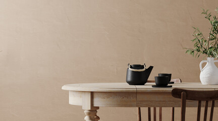 Mediterranean interior template. Wall mockup, chair, table and terracotta pottery on beige background. 3d rendering illustration. Clipping path included.