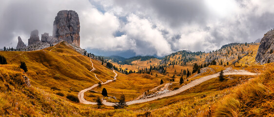 Majestic Cinque Torri in Dolomie Alps during sunset. Stunning panoramic view on Five Towers group,...