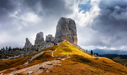 Majestic Cinque Torri in Dolomie Alps during sunset. Stunning view on Five Towers group, overcast...