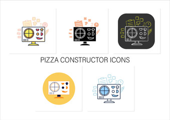 Pizza constructor icons set.Application helps create perfect pizza.Click-and-collect service.Grocery shop. Collection of icons in linear,chalk, flat, color, glyph styles. Isolated vector illustrations