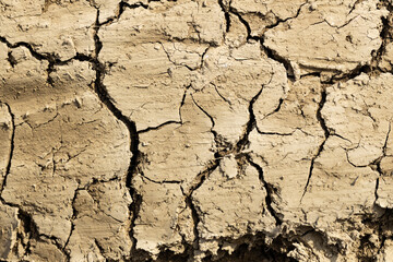 Background suitable for drought images of clods of earth and dry earth with cracks, macro photography of detail of cracks on the earth formed by the sun drying the earth, no water.