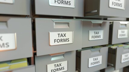 File cabinet with TAX FORMS text, looping 3d animation