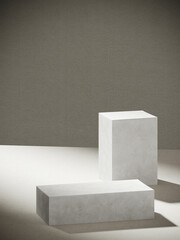 Mediterranean style mockup for product presentation. White fabric cloth and white podium on grey background. Clipping path of each element included. 3d rendering illustration. 