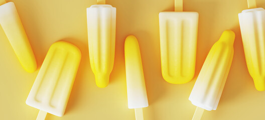 Minimal background for summer concept. Yellow popsicle on yellow background. Café poster templates mockup . 3d render illustration. Clipping path of each element included.