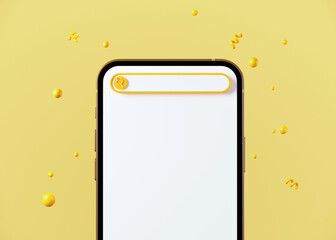 Minimal abstract background for online and travel concept. Blank search bar with mobile phone on yellow background. 3d rendering illustration. Clipping path of each element included.