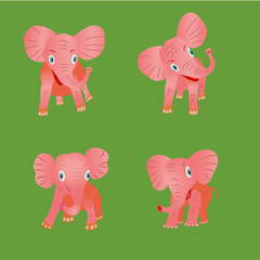 A cute pink baby elephant in four different positions. Vector illustration isolated on green background.