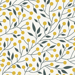 Botanical folksy mimosa seamless vector pattern. Simple minimalistic leafy berry plant folk art ornament. Neutral decorative organic floral surface print design. - obrazy, fototapety, plakaty