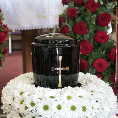 Black urn on the funeral day in church; surrounded with daisies and roses