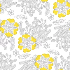 Fototapeten Doodle flowers seamless pattern in trendy colors for 2021, ultimate gray and Illuminating, page adult coloring books, monocrome outline floral vector pattern. © Svetlanakras