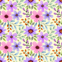 Abstract floral seamless pattern design for backdrop and wrapping paper. Pink and purple flowers on a yellow background.