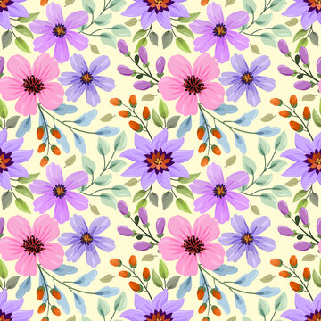 Abstract floral seamless pattern design for backdrop and wrapping paper. Pink and purple flowers on a yellow background.