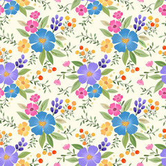 Abstract floral seamless pattern design for backdrop and wrapping paper. Colorful flowers, and leaves on a yellow background.