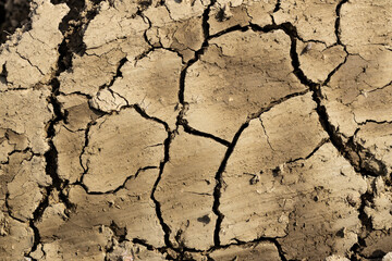 Background suitable for drought images of clods of earth and dry earth with cracks, macro photography of detail of cracks on the earth formed by the sun drying the earth, no water.