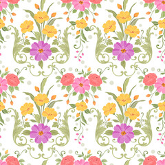 Abstract floral seamless pattern design for backdrop and wrapping paper. Colorful flowers, and green leaves on a yellow background.