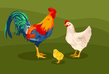 Rooster with hen and chicken isolated on nature background. Cute farm birds family flat design cartoon style vector illustration. farm concept. Funny birds chicken family.