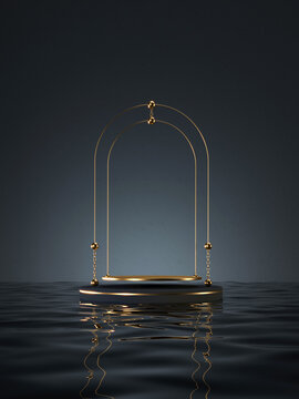 Luxury mockup podium on water surface  for branding and packaging presentation. Black and gold natural pedestal. Cosmetic and fashion concept. 3d render. 3d illustration.