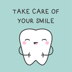 Cute Tooth character illustration. Clear tooth concept. Brushing and cleaning teeth. Dental care for kids.