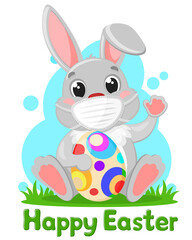 A gray rabbit in a medical mask with an Easter egg sits. Character, covid-19
