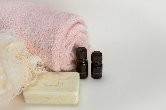 a set of accessories for an aromatic bath and SPA treatments at home without people background image