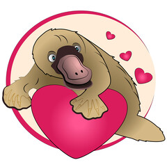 Enamored cute platypus with heart, vector illustration