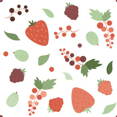 Seamless pattern with fresh and juicy food. Blackberries, raspberries, gooseberries, strawberries, currants on a branch, isolated leaves. Summer illustration for textile, package, cooking projects.