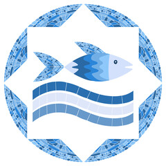 Naklejka premium Mosaic Fish in Circle Frame. Vector illustration for swimming pool or bathroom design. Image for emblem. Isolated on white background