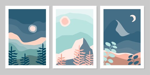 Fototapeta na wymiar Set of abstract colorful landscape poster collection with sun, moon, star, sea, mountains, river, plant. Vector flat illustration. Contemporary art print templates, backgrounds for social media.