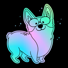 Cute corgi dog on holographic iridescent background