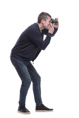 young man with a camera. isolated on a white