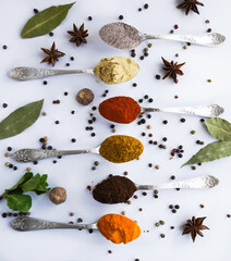 6 brightly colored spices in a spoon on a dark background