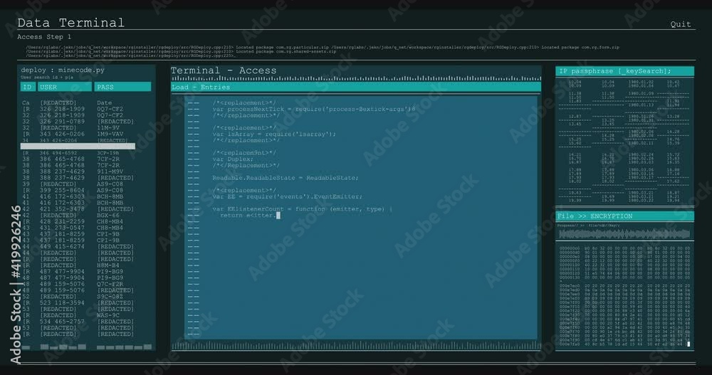 Poster animation of data processing on blue computer screens