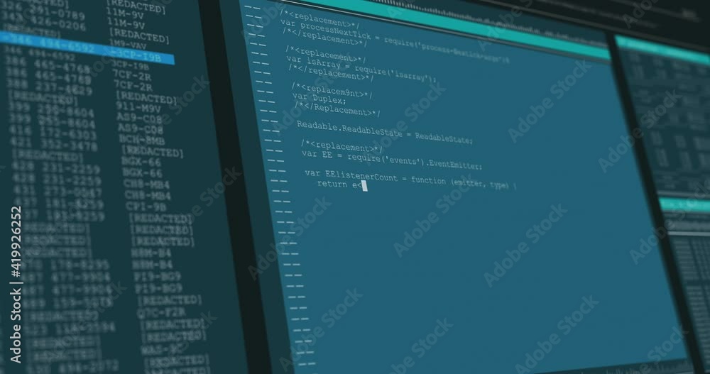 Poster animation of data processing on blue computer screens